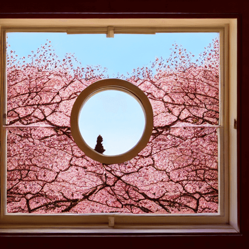A window with a frame made of rose gum on its natural color timber professional photograph on golden hour - A hyperrealistic mountain - a family and Cherry Blossoms next to the window